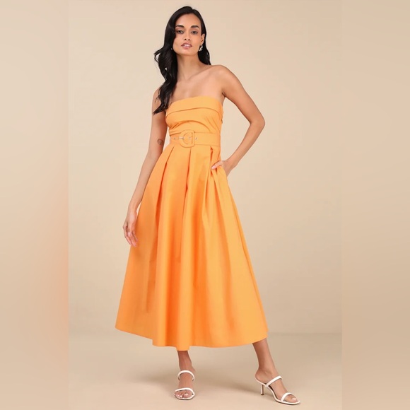 New Lulus Trendsetting Choice Orange Strapless Midi Dress With Pockets Large - Picture 2 of 5